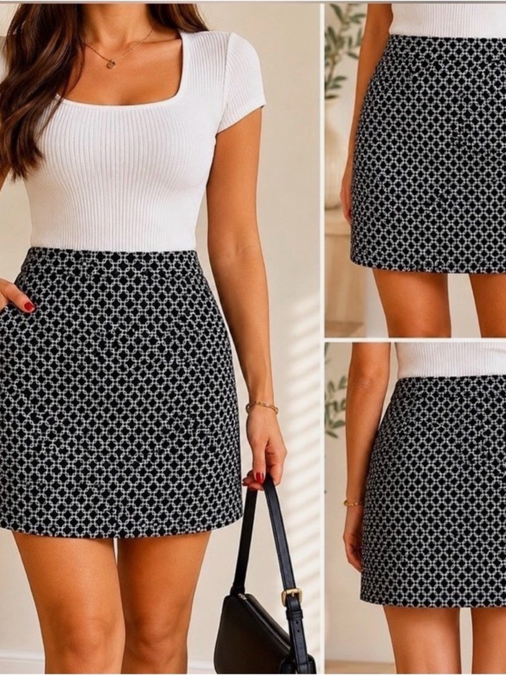 S.C. & Co. - Black & White Geometric Print Mini Skirt - Women's Stylish A-Line